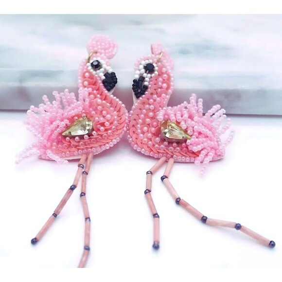 Light Pink Crystal Accent Seed Beaded Flamingo Tropical Bird Earrings - Picture 2 of 5